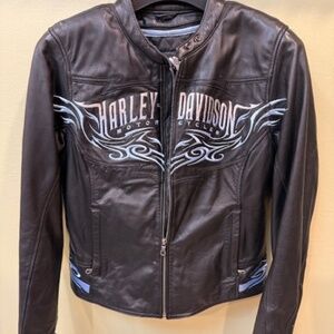 Harley Davidson Women’s Selene Black Leather Jacket Blue Tribal Embroidery Sz. M